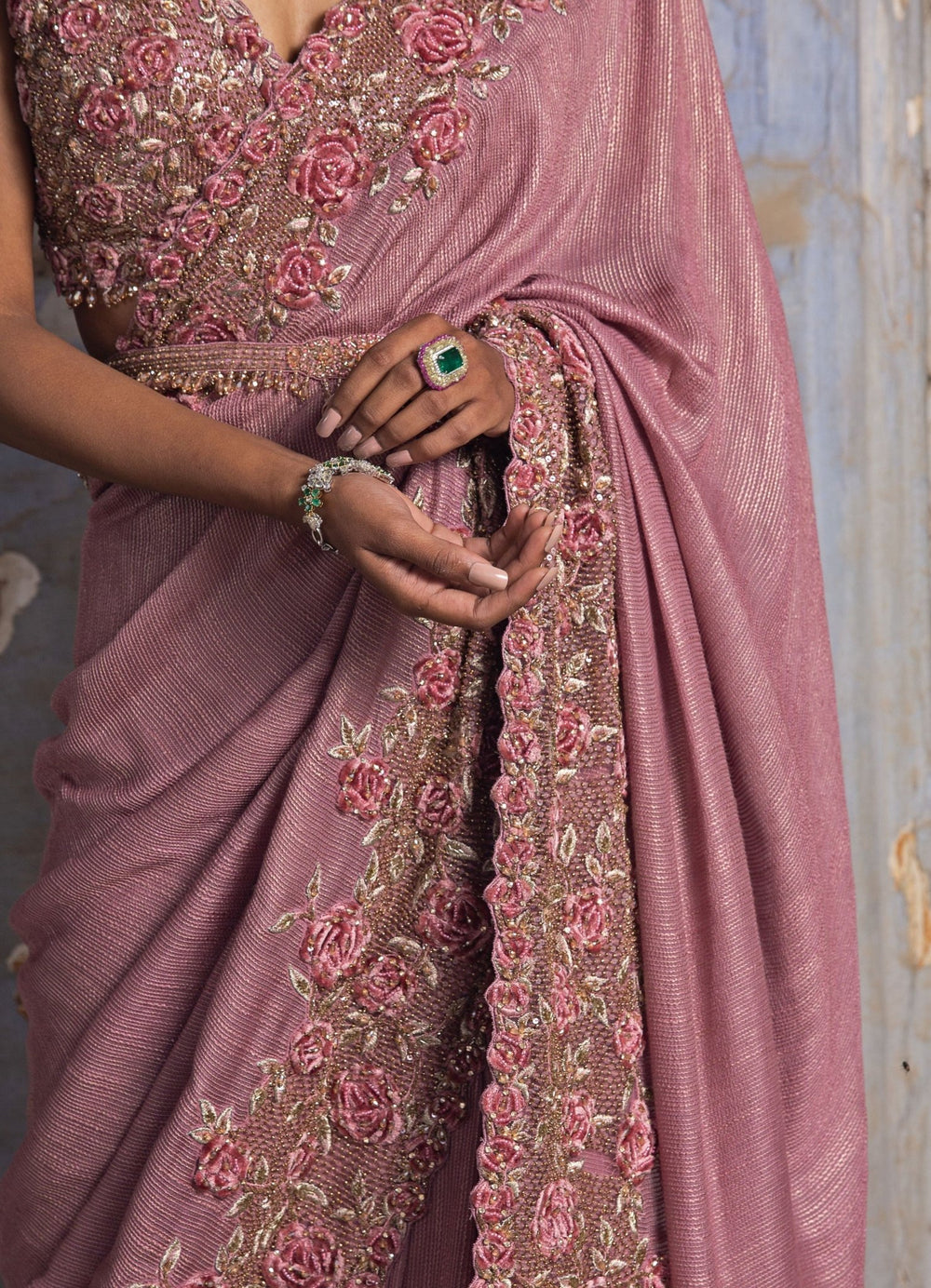 Rose Pink 3D Work Saree With Belt Nitika Gujral - Fabilicious Fashion