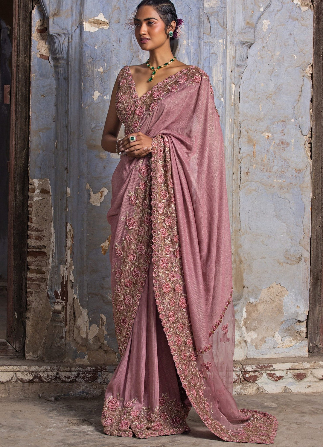 Rose Pink 3D Work Saree With Belt Nitika Gujral - Fabilicious Fashion