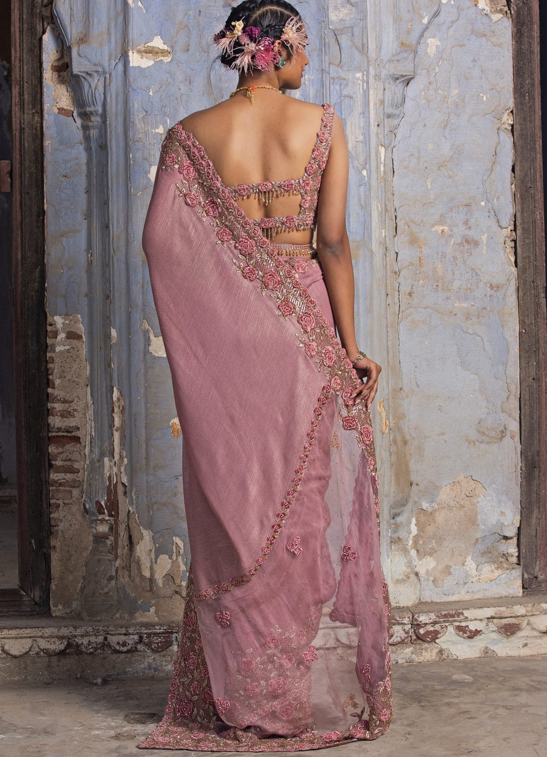 Rose Pink 3D Work Saree With Belt Nitika Gujral - Fabilicious Fashion