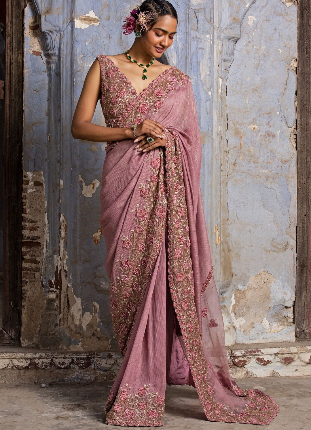 Rose Pink 3D Work Saree With Belt Nitika Gujral - Fabilicious Fashion