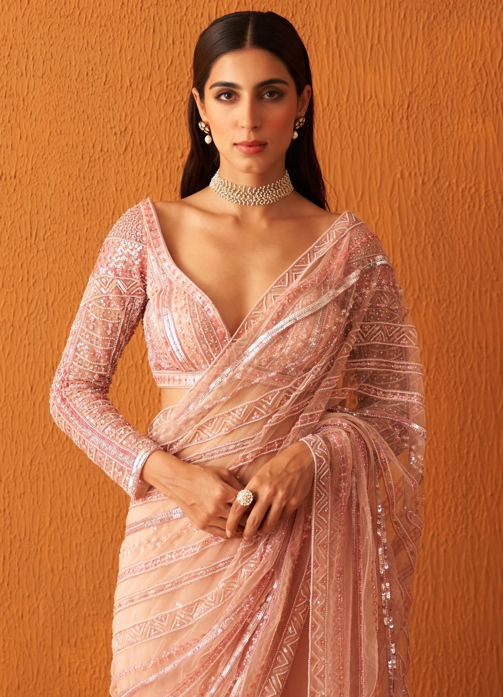 Rose Pink Embellished Net Saree With Full Sleeved Blouse Angad Singh - Fabilicious Fashion