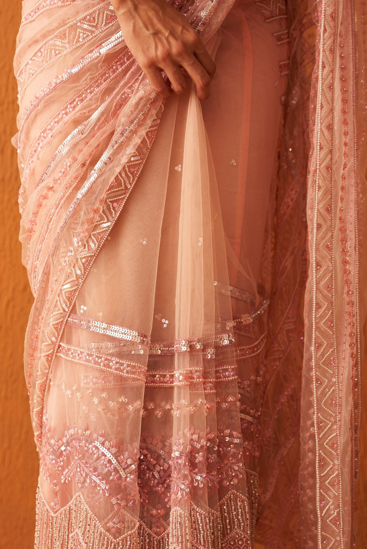 Rose Pink Embellished Net Saree With Full Sleeved Blouse Angad Singh - Fabilicious Fashion