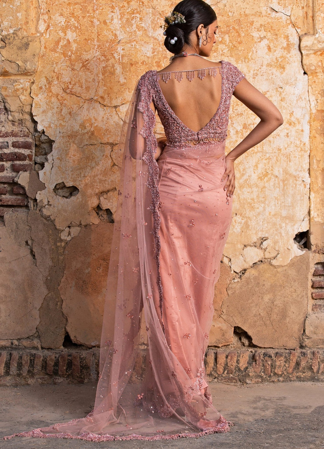 Rose Pink Net Embellished Saree set Nitika Gujral - Fabilicious Fashion
