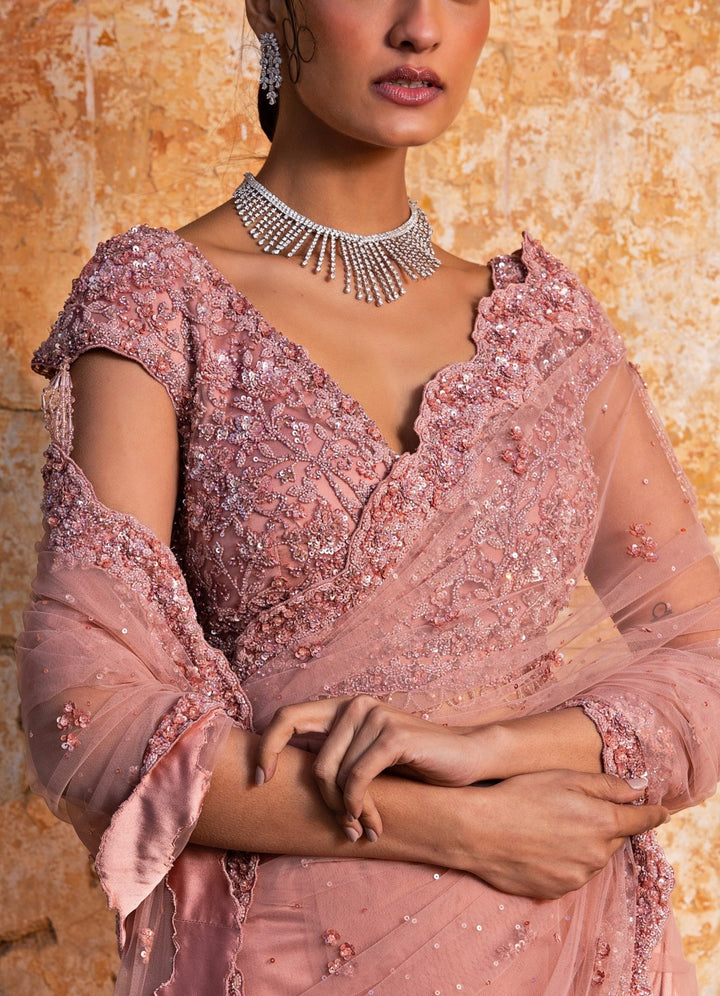 Rose Pink Net Embellished Saree set Nitika Gujral - Fabilicious Fashion