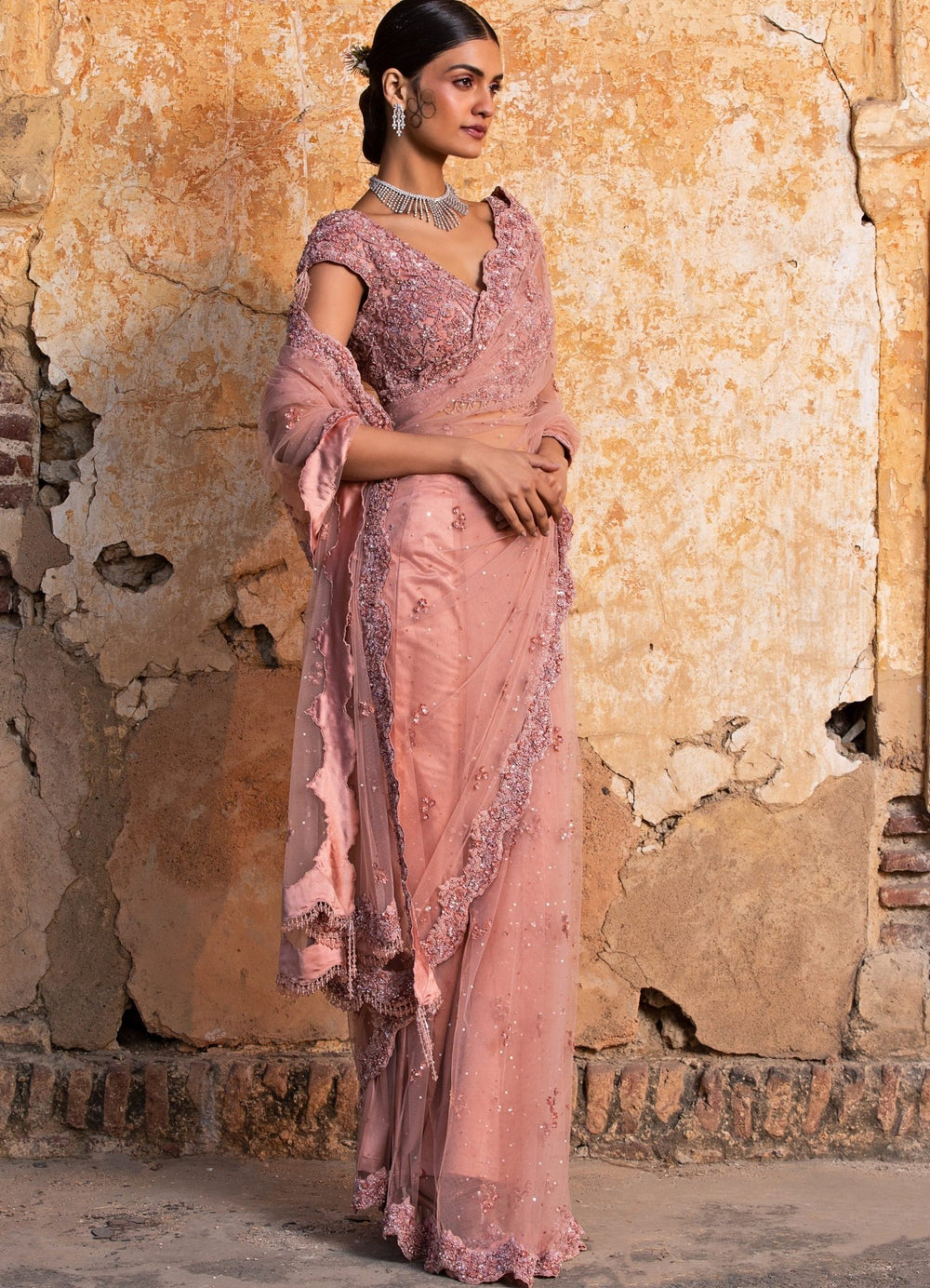 Rose Pink Net Embellished Saree set Nitika Gujral - Fabilicious Fashion