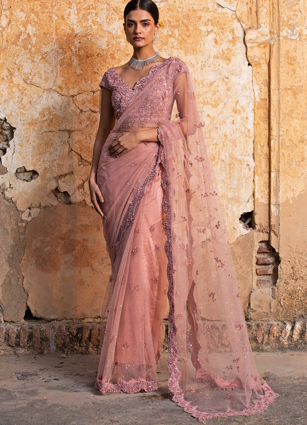Rose Pink Net Embellished Saree set Nitika Gujral - Fabilicious Fashion