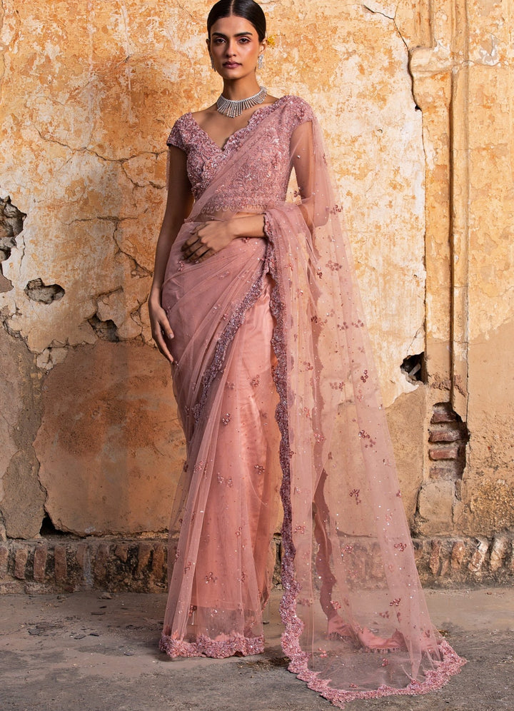 Rose Pink Net Embellished Saree set Nitika Gujral - Fabilicious Fashion