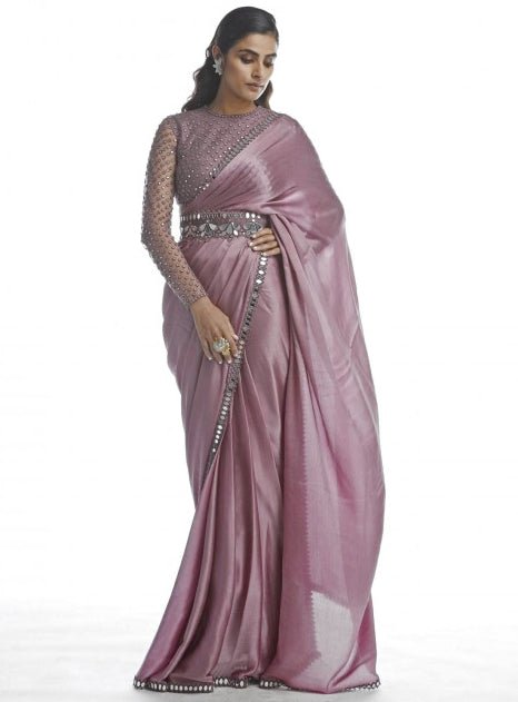 Rose Pink Satin Chiffon Saree Set Vvani by Vani Vats - Fabilicious Fashion