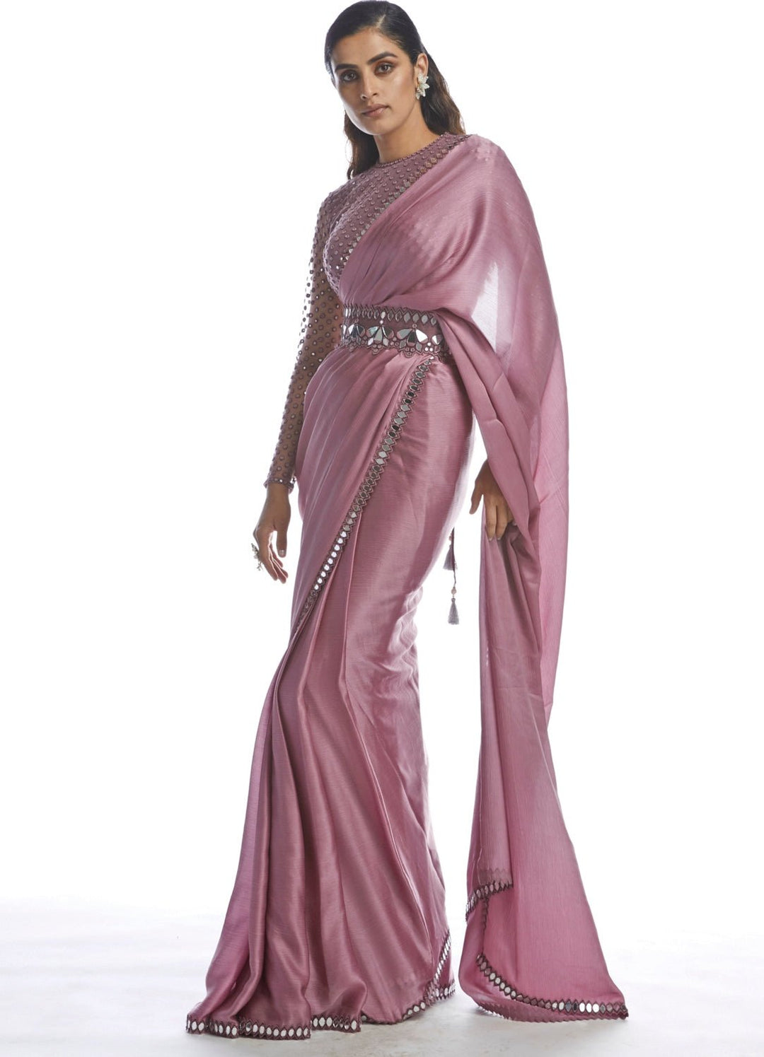 Rose Pink Satin Chiffon Saree Set Vvani by Vani Vats - Fabilicious Fashion