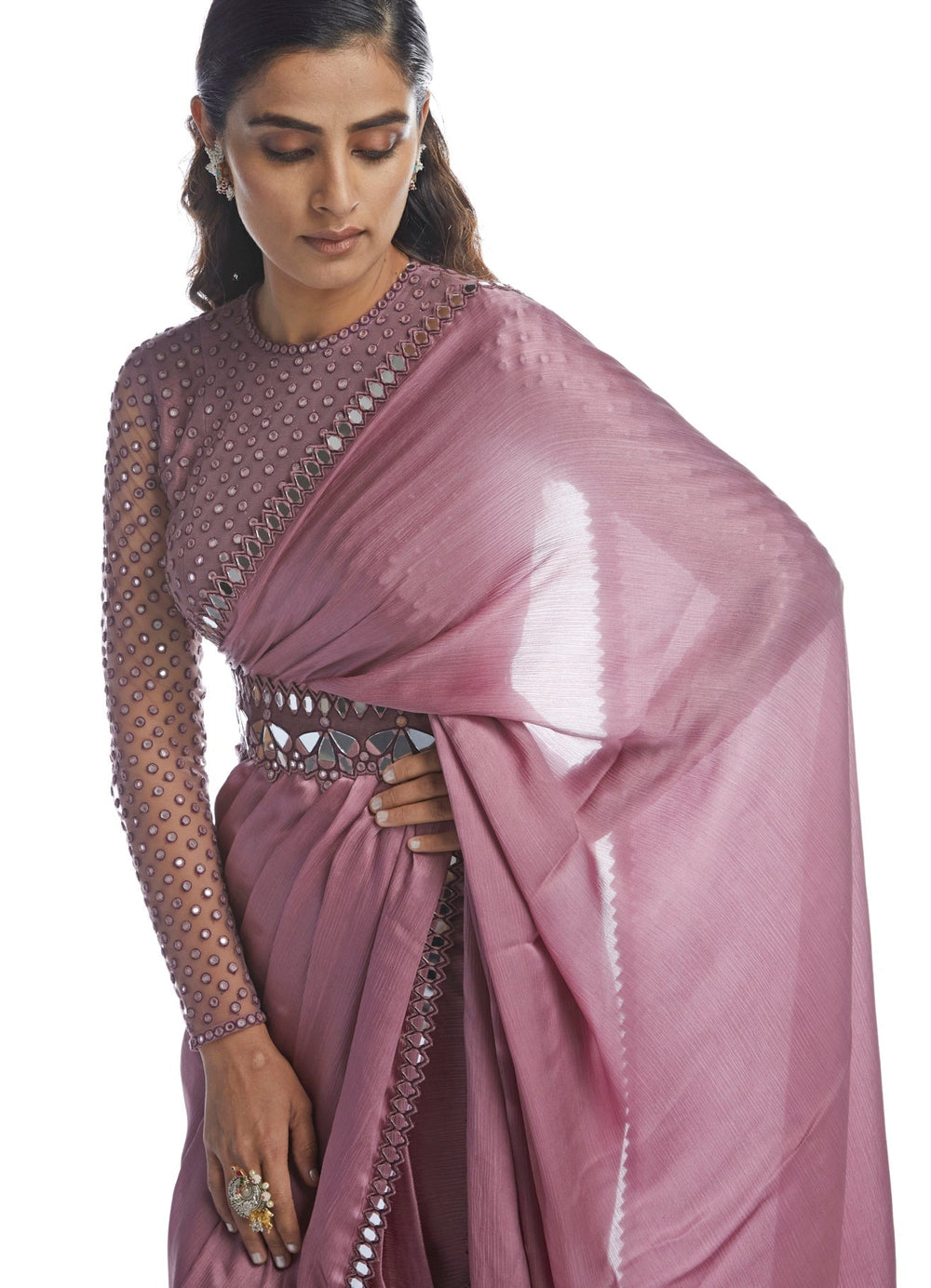 Rose Pink Satin Chiffon Saree Set Vvani by Vani Vats - Fabilicious Fashion