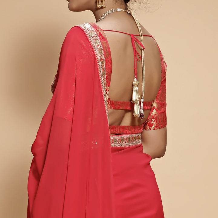 Rose Red and Gold Sari with Brocade Blouse Renee - Fabilicious Fashion