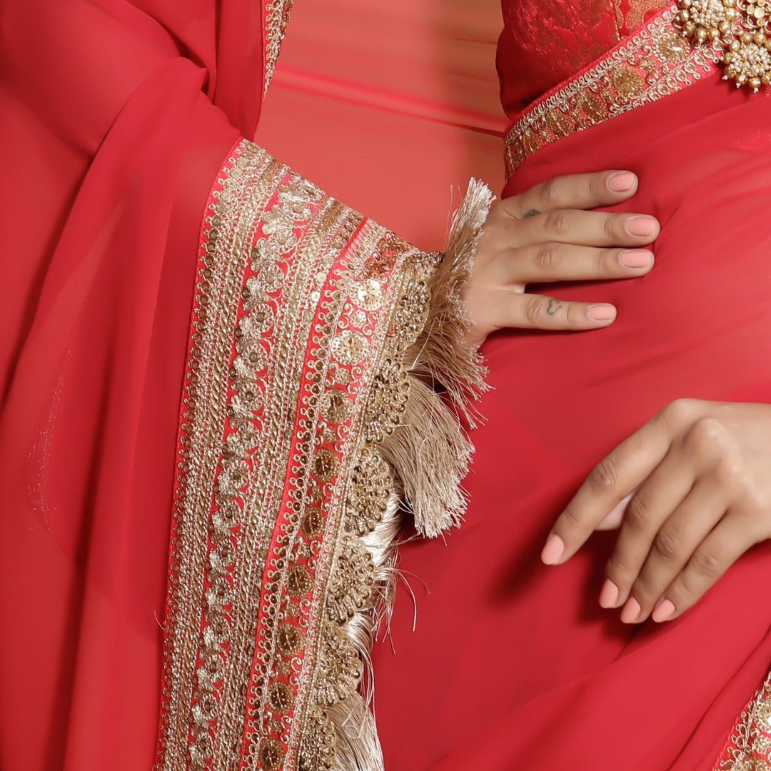 Rose Red and Gold Sari with Brocade Blouse Renee - Fabilicious Fashion