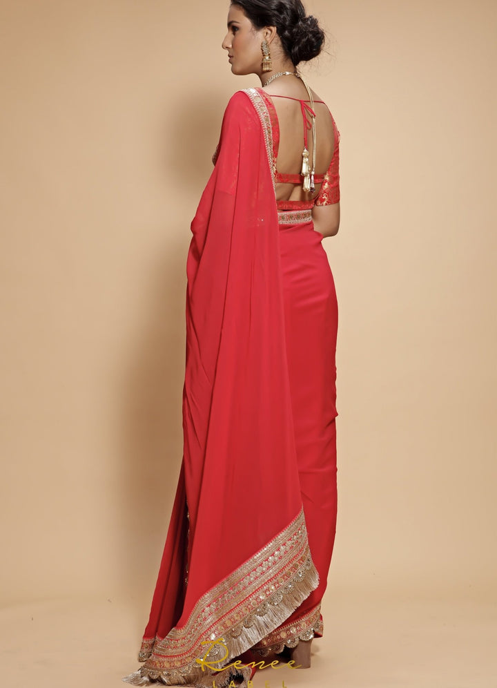 Rose Red and Gold Sari with Brocade Blouse Renee - Fabilicious Fashion