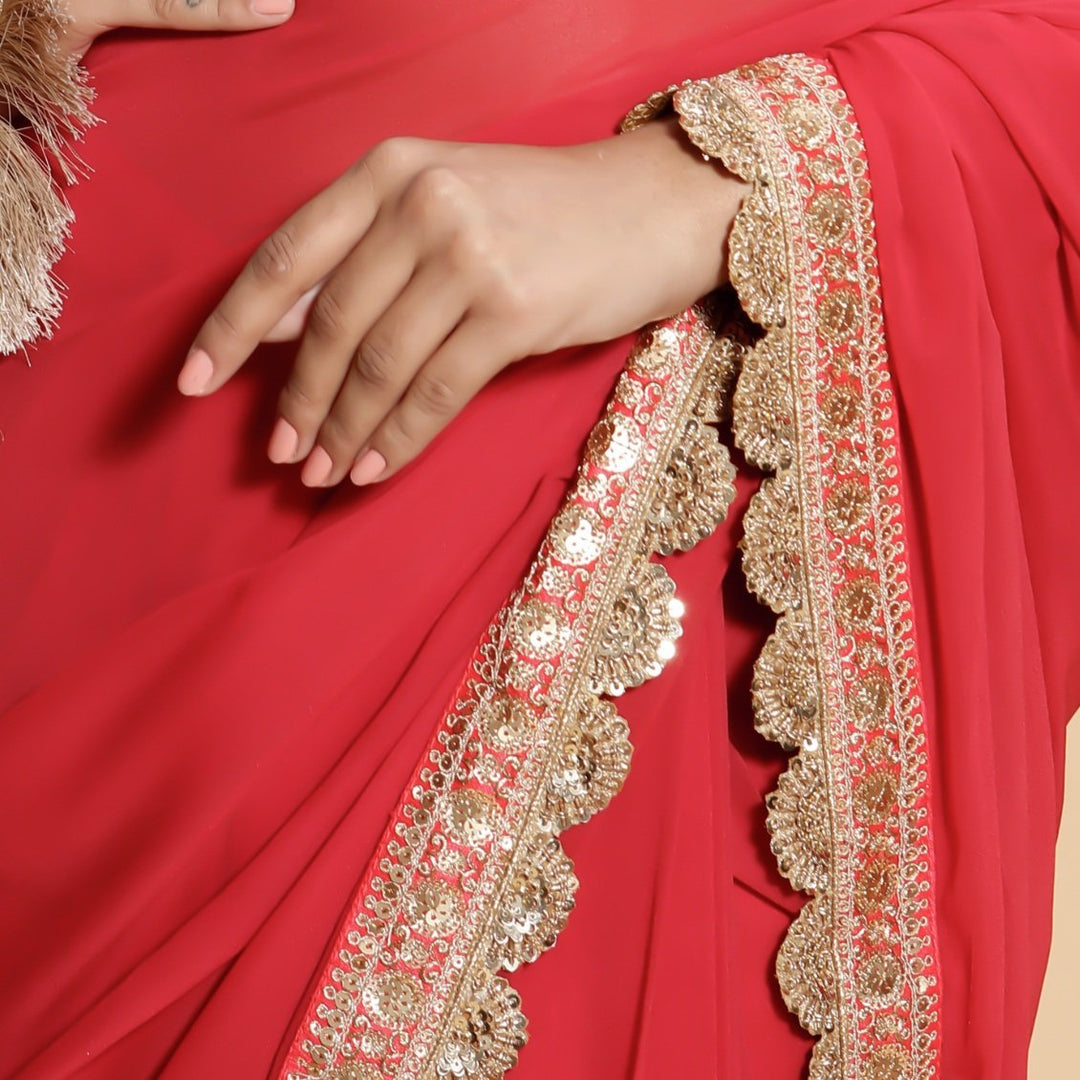 Rose Red and Gold Sari with Brocade Blouse Renee - Fabilicious Fashion