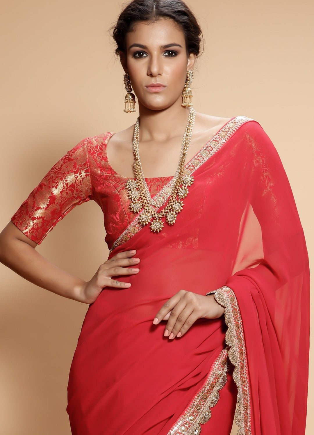 Rose Red and Gold Sari with Brocade Blouse Renee - Fabilicious Fashion