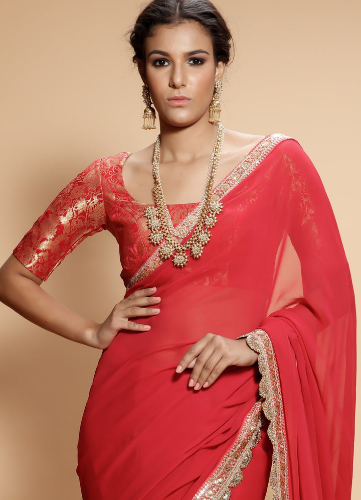 Rose Red and Gold Sari with Brocade Blouse Renee - Fabilicious Fashion