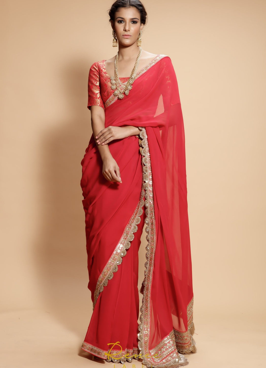 Rose Red and Gold Sari with Brocade Blouse Renee - Fabilicious Fashion