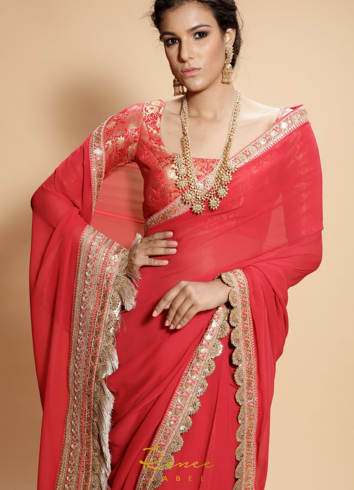 Rose Red and Gold Sari with Brocade Blouse Renee - Fabilicious Fashion