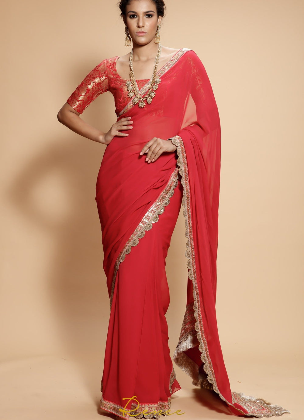 Rose Red and Gold Sari with Brocade Blouse Renee - Fabilicious Fashion