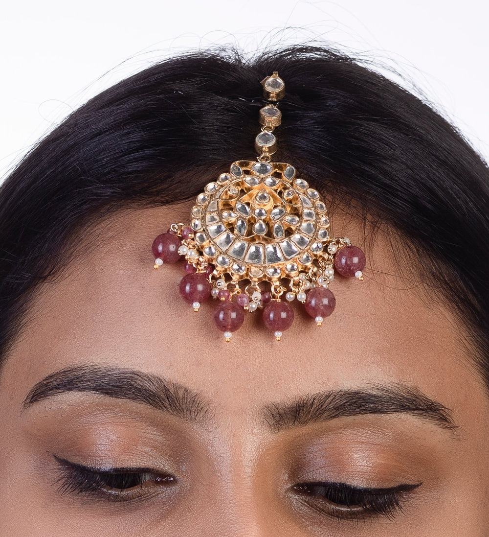 Round Small Tikka With Pastel Pink Beads Riana by Shikha Jindal - Fabilicious Fashion