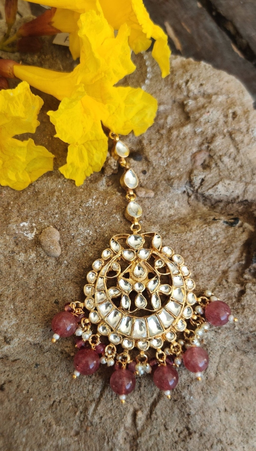 Round Small Tikka With Pastel Pink Beads Riana by Shikha Jindal - Fabilicious Fashion
