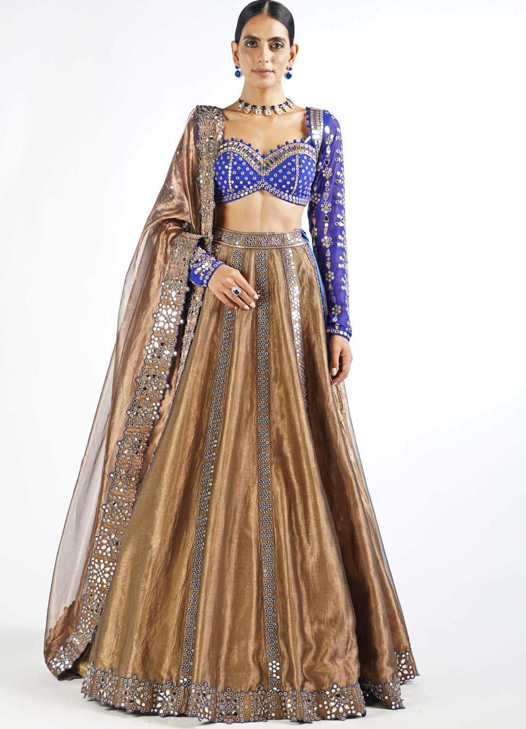 Royal Blue And Copper Shimmer Organza Lehenga Set Vvani by Vani Vats - Fabilicious Fashion