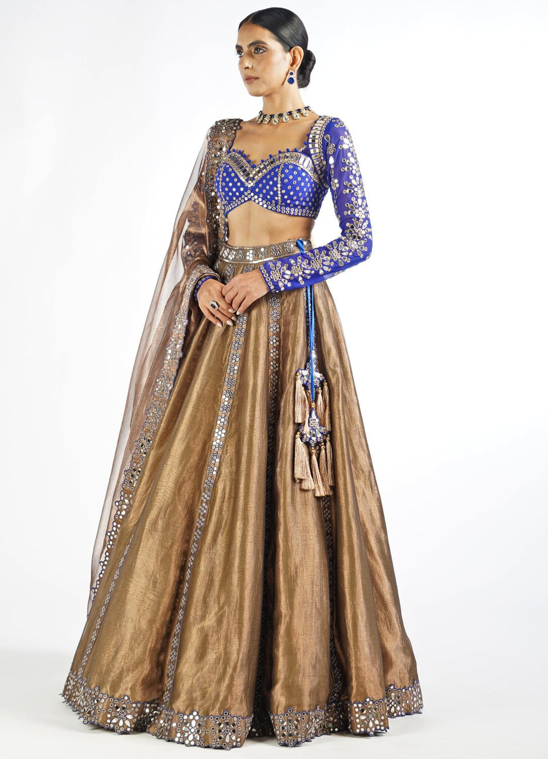 Royal Blue And Copper Shimmer Organza Lehenga Set Vvani by Vani Vats - Fabilicious Fashion