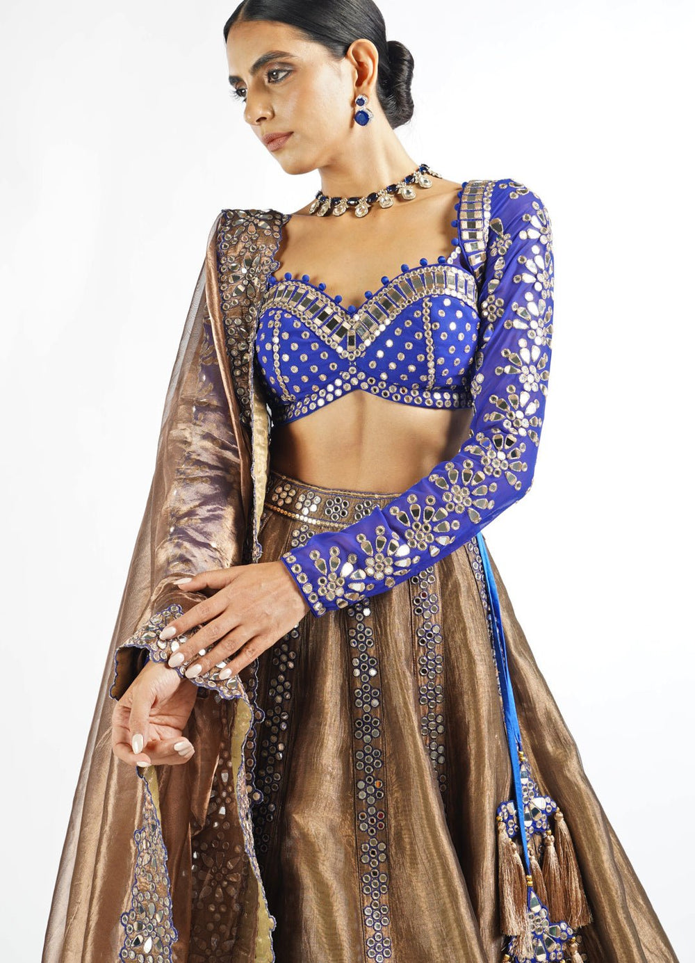 Royal Blue And Copper Shimmer Organza Lehenga Set Vvani by Vani Vats - Fabilicious Fashion