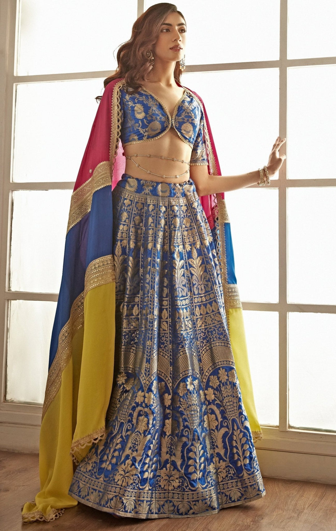 Royal Blue Banarasi Lehenga Set With Multi COloured Dupatta Studio Iris - Fabilicious Fashion