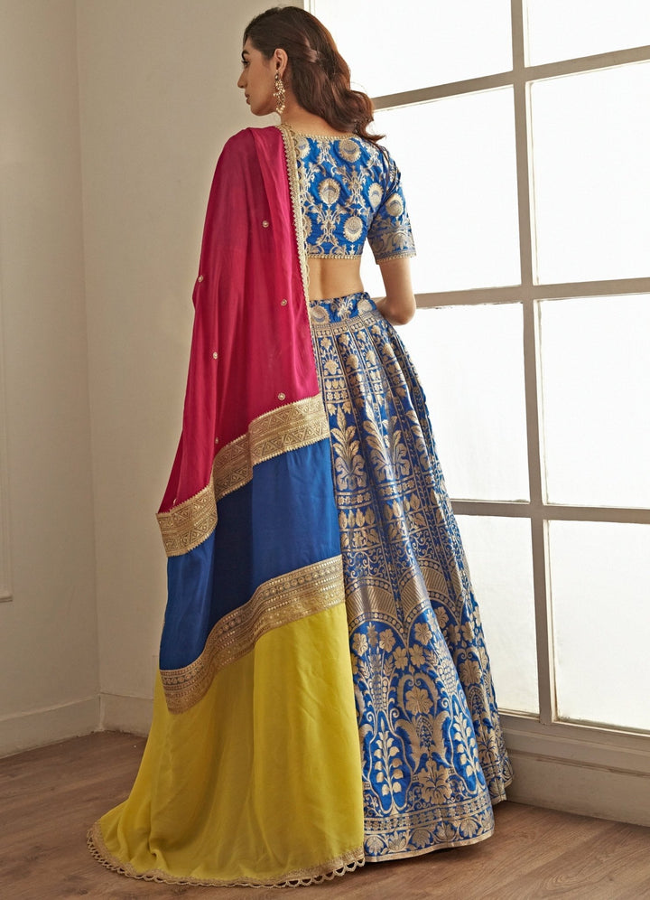 Royal Blue Banarasi Lehenga Set With Multi COloured Dupatta Studio Iris - Fabilicious Fashion