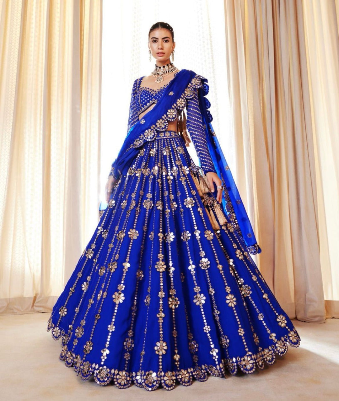 Royal Blue Big Flower Linear Lehenga Set Vvani by Vani Vats - Fabilicious Fashion