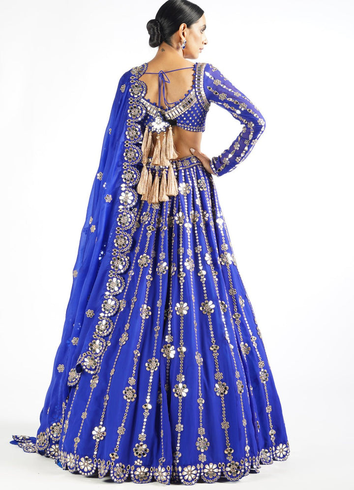 Royal Blue Big Flower Linear Lehenga Set Vvani by Vani Vats - Fabilicious Fashion
