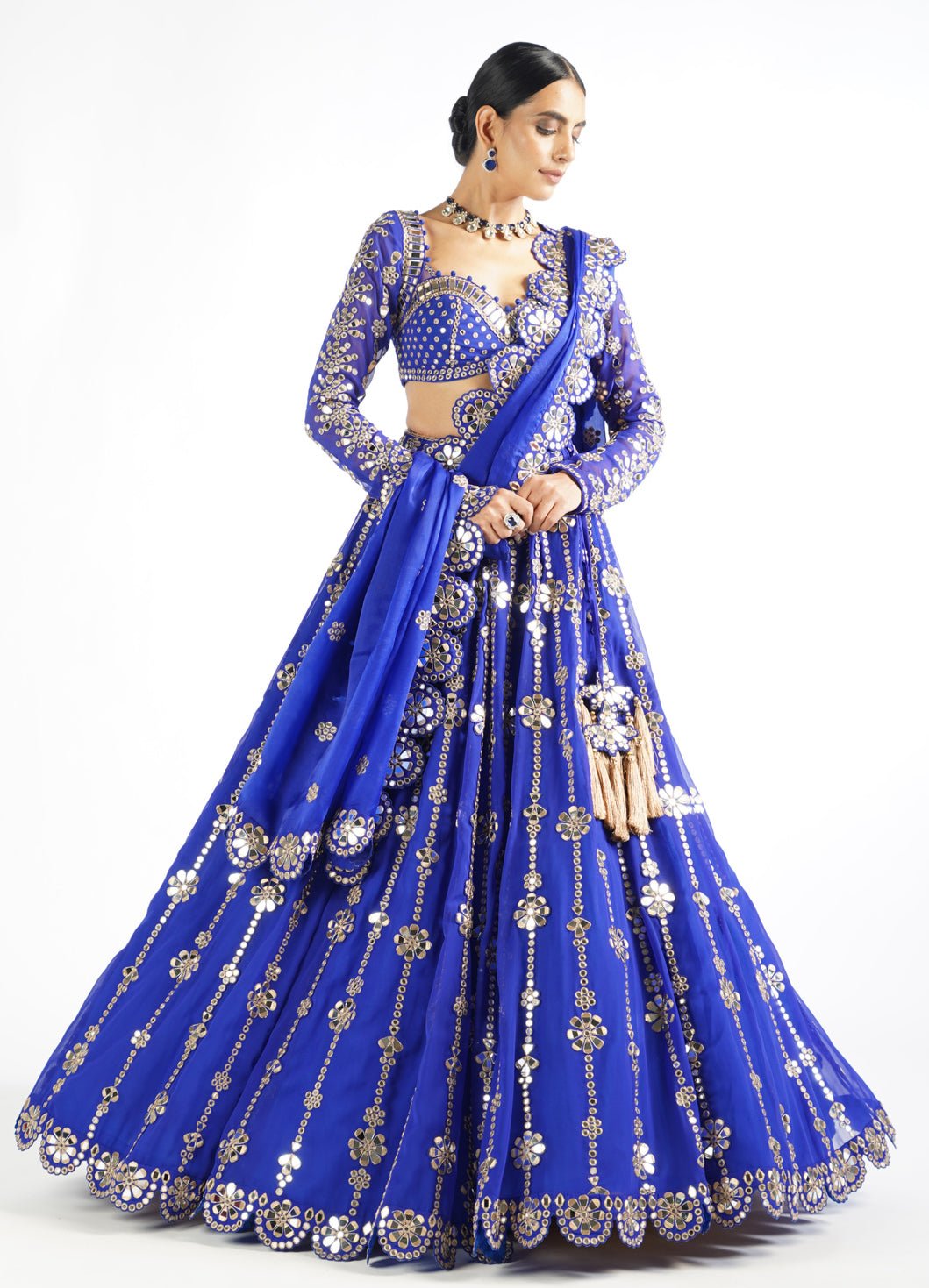 Royal Blue Big Flower Linear Lehenga Set Vvani by Vani Vats - Fabilicious Fashion