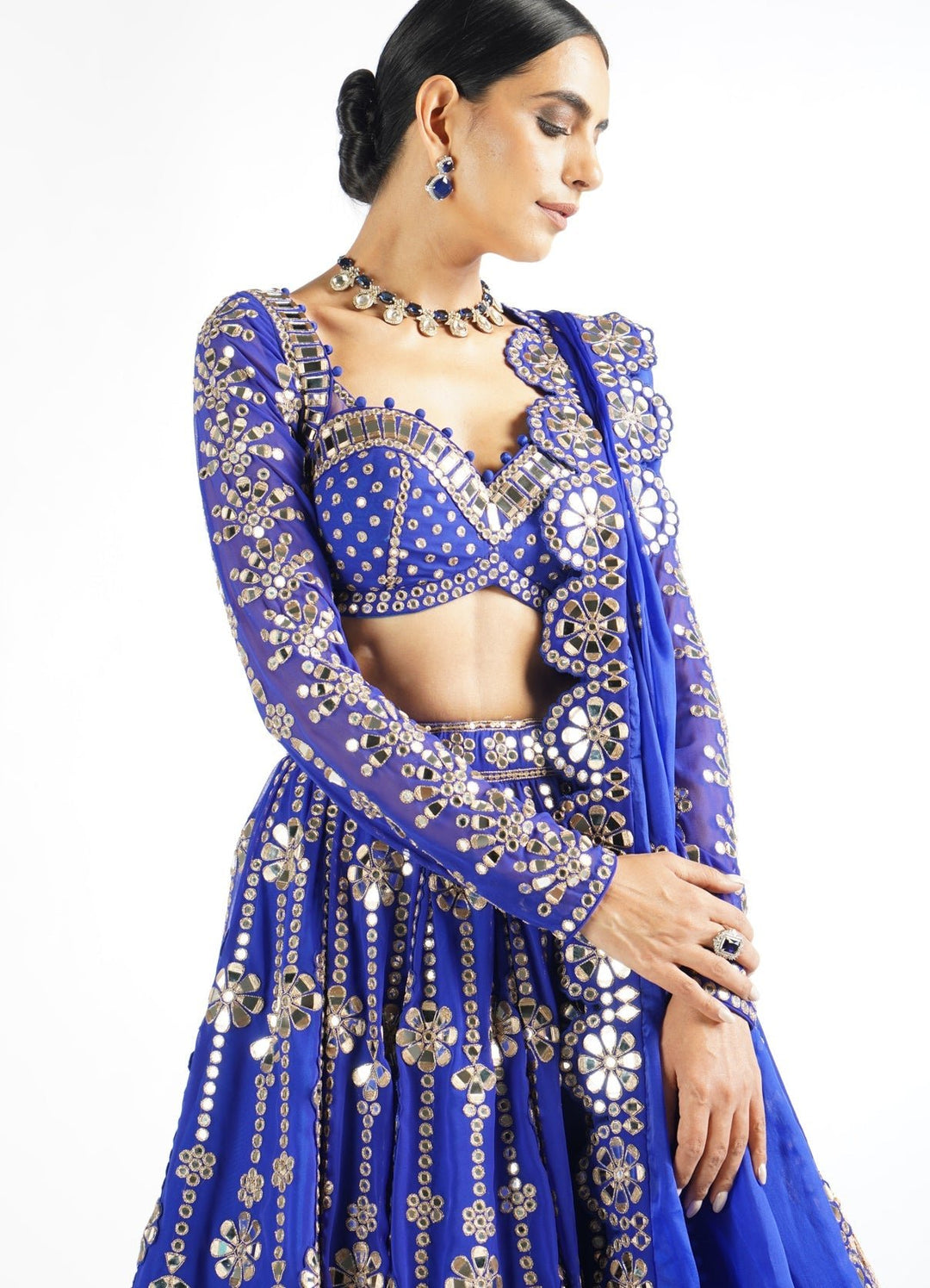 Royal Blue Big Flower Linear Lehenga Set Vvani by Vani Vats - Fabilicious Fashion