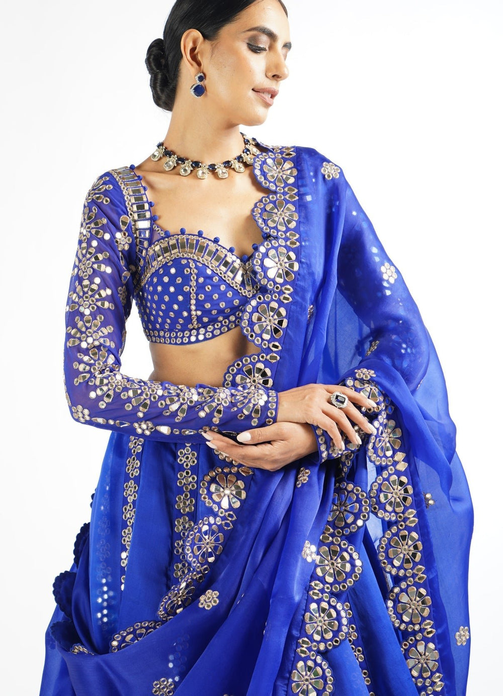 Royal Blue Embellished Blouse And Lehenga Set Vvani by Vani Vats - Fabilicious Fashion