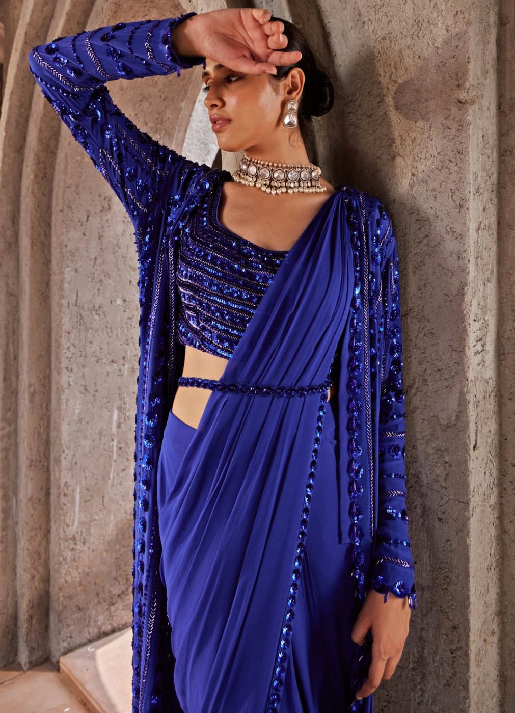 Royal Blue Embroidered Georgette Pre Drape Saree Set Nidhika Shekhar - Fabilicious Fashion