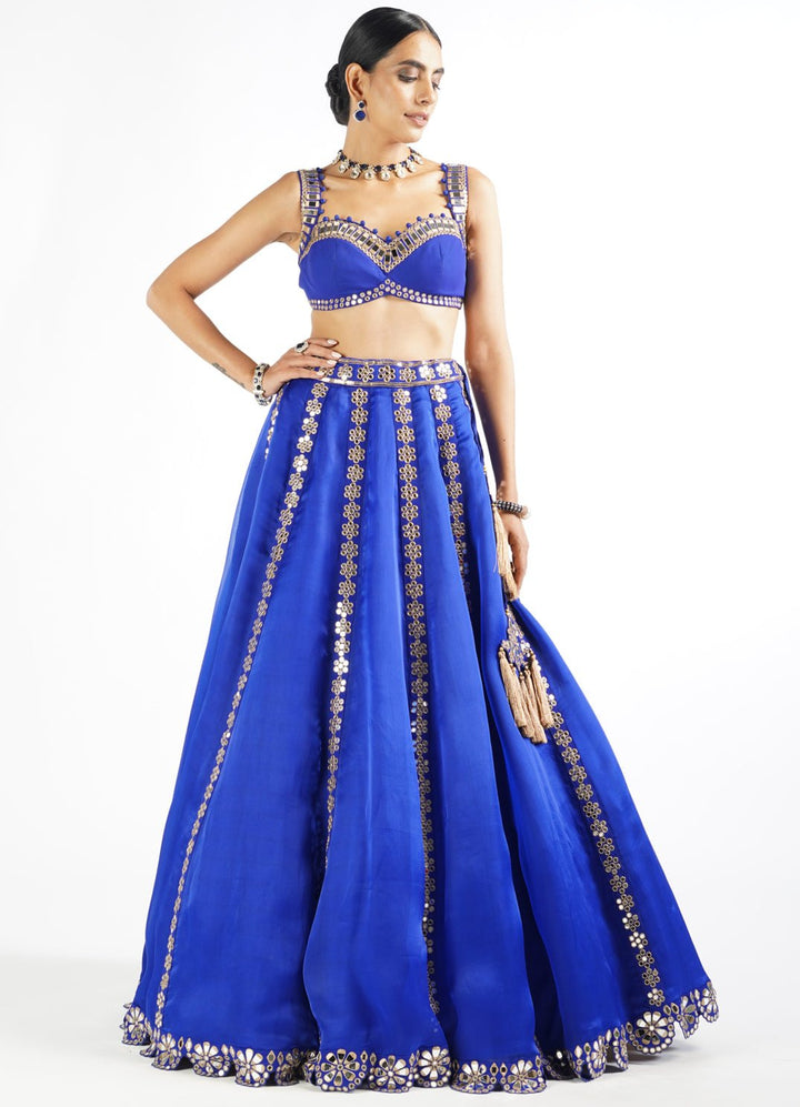 Royal Blue Flower Linear Lehenga Set Vvani by Vani Vats - Fabilicious Fashion