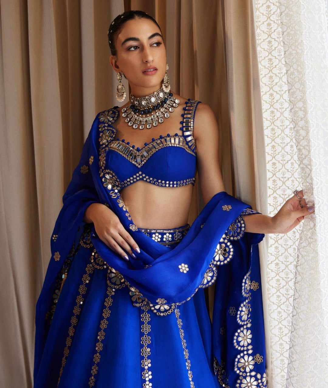 Royal Blue Flower Linear Lehenga Set Vvani by Vani Vats - Fabilicious Fashion