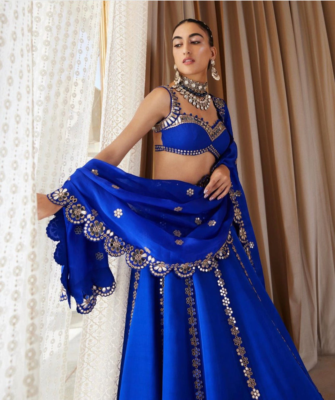 Royal Blue Flower Linear Lehenga Set Vvani by Vani Vats - Fabilicious Fashion