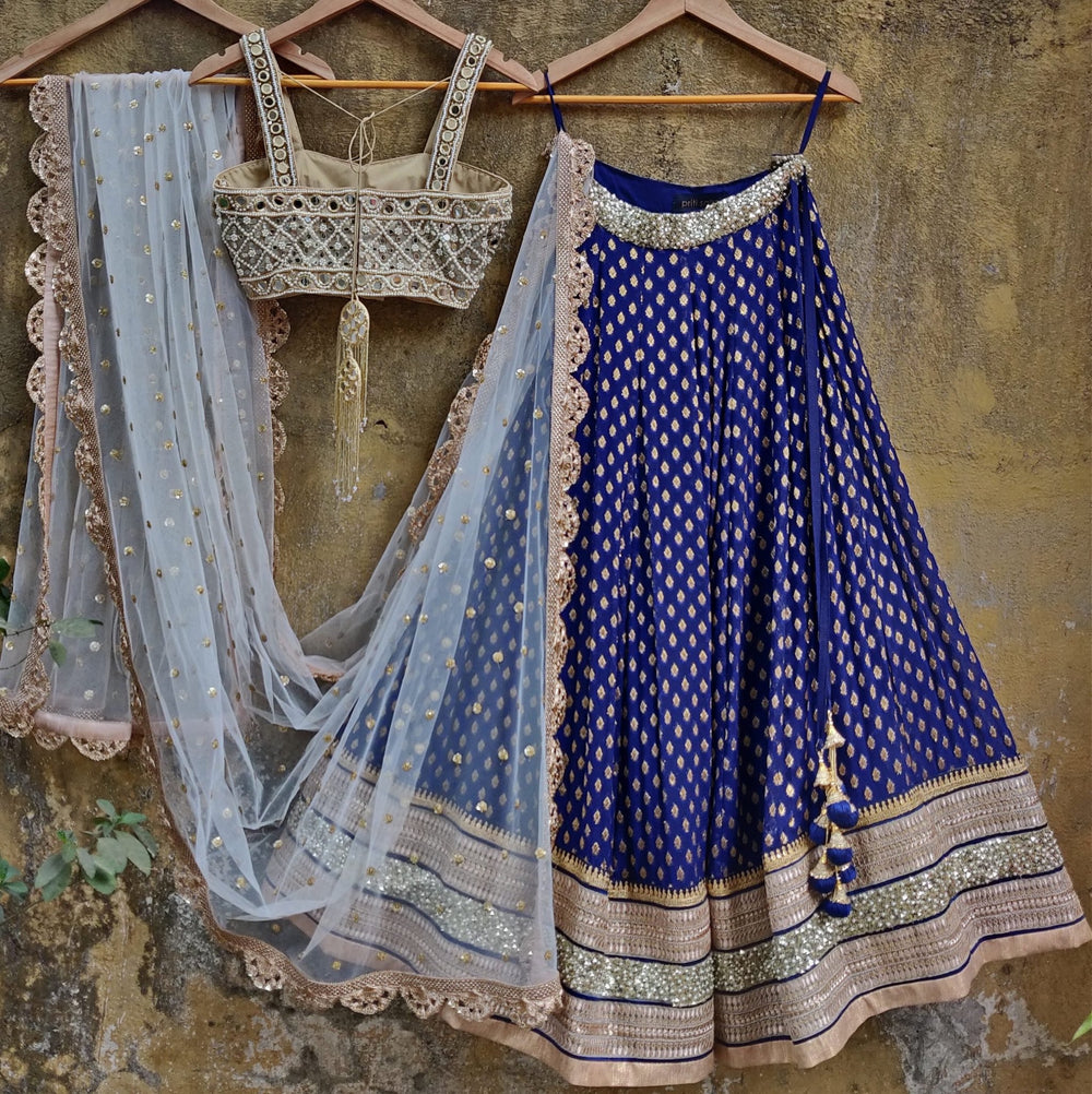 Royal Blue Lehenga Set with Bustier Mirror work Blouse and Ivory Dupatta Priti Sahni - Fabilicious Fashion