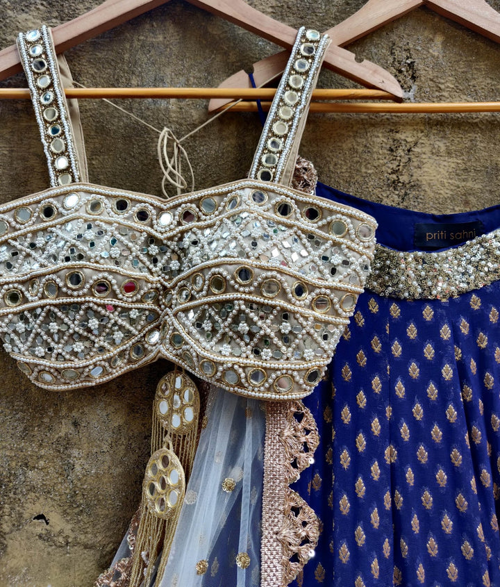 Royal Blue Lehenga Set with Bustier Mirror work Blouse and Ivory Dupatta Priti Sahni - Fabilicious Fashion