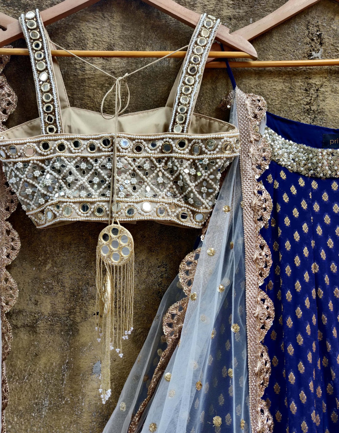 Royal Blue Lehenga Set with Bustier Mirror work Blouse and Ivory Dupatta Priti Sahni - Fabilicious Fashion