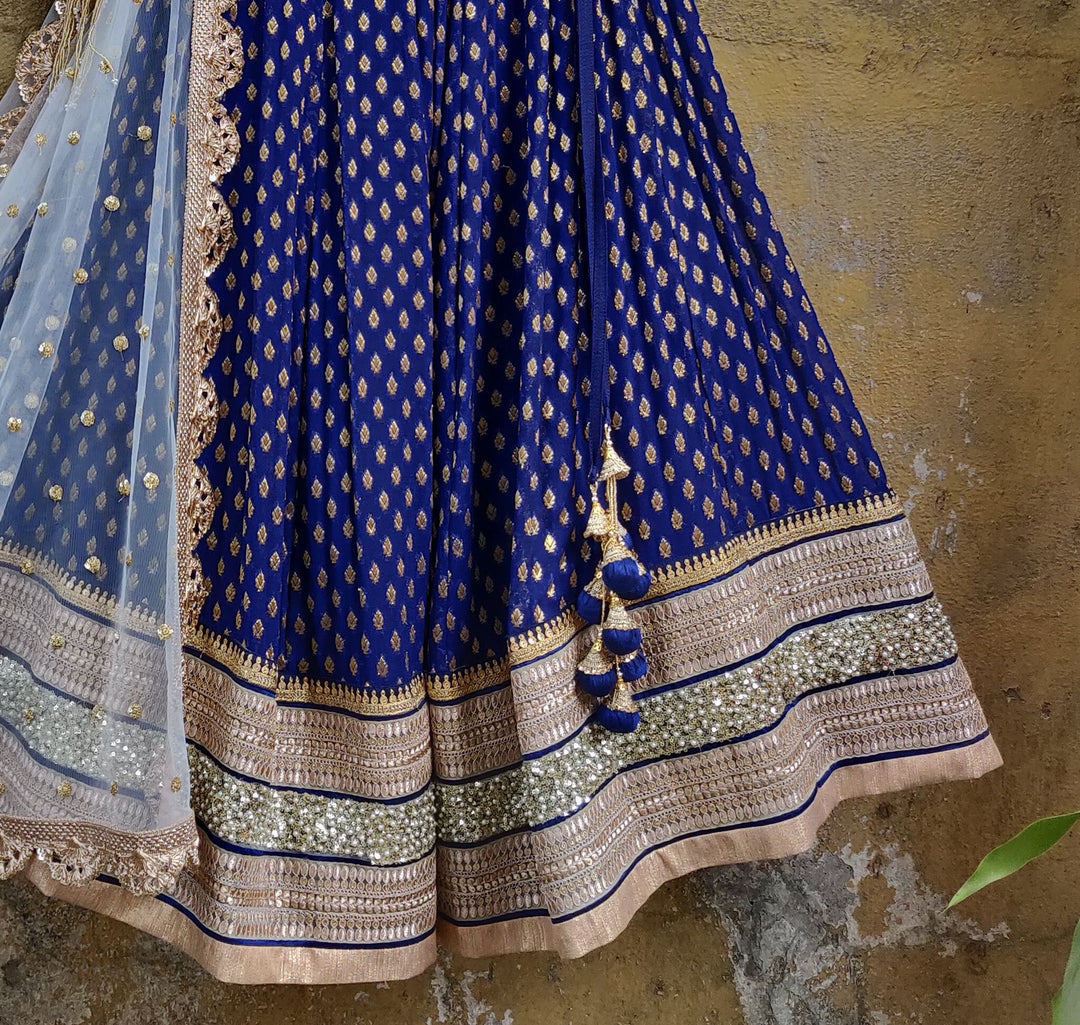 Royal Blue Lehenga Set with Bustier Mirror work Blouse and Ivory Dupatta Priti Sahni - Fabilicious Fashion