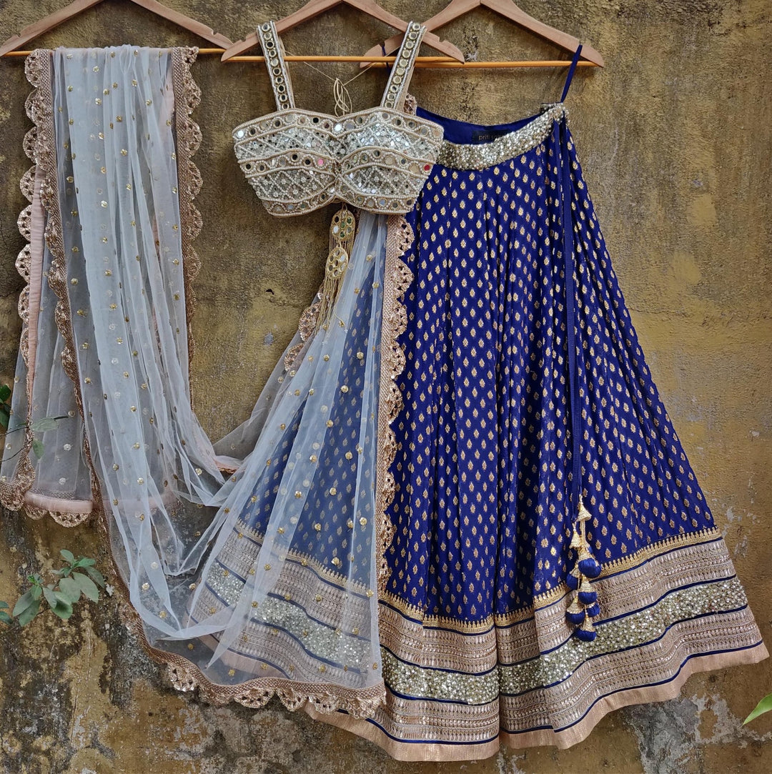 Royal Blue Lehenga Set with Bustier Mirror work Blouse and Ivory Dupatta Priti Sahni - Fabilicious Fashion