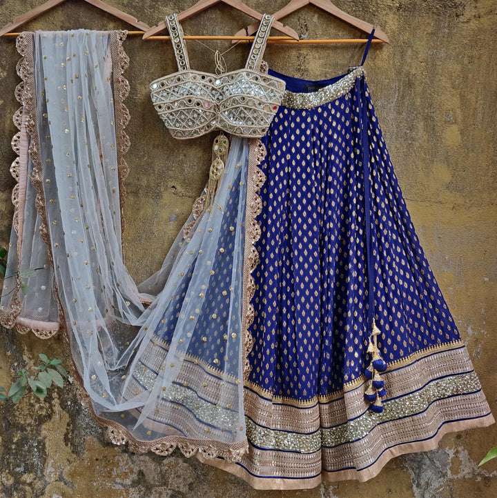 Royal Blue Lehenga Set with Bustier Mirror work Blouse and Ivory Dupatta Priti Sahni - Fabilicious Fashion