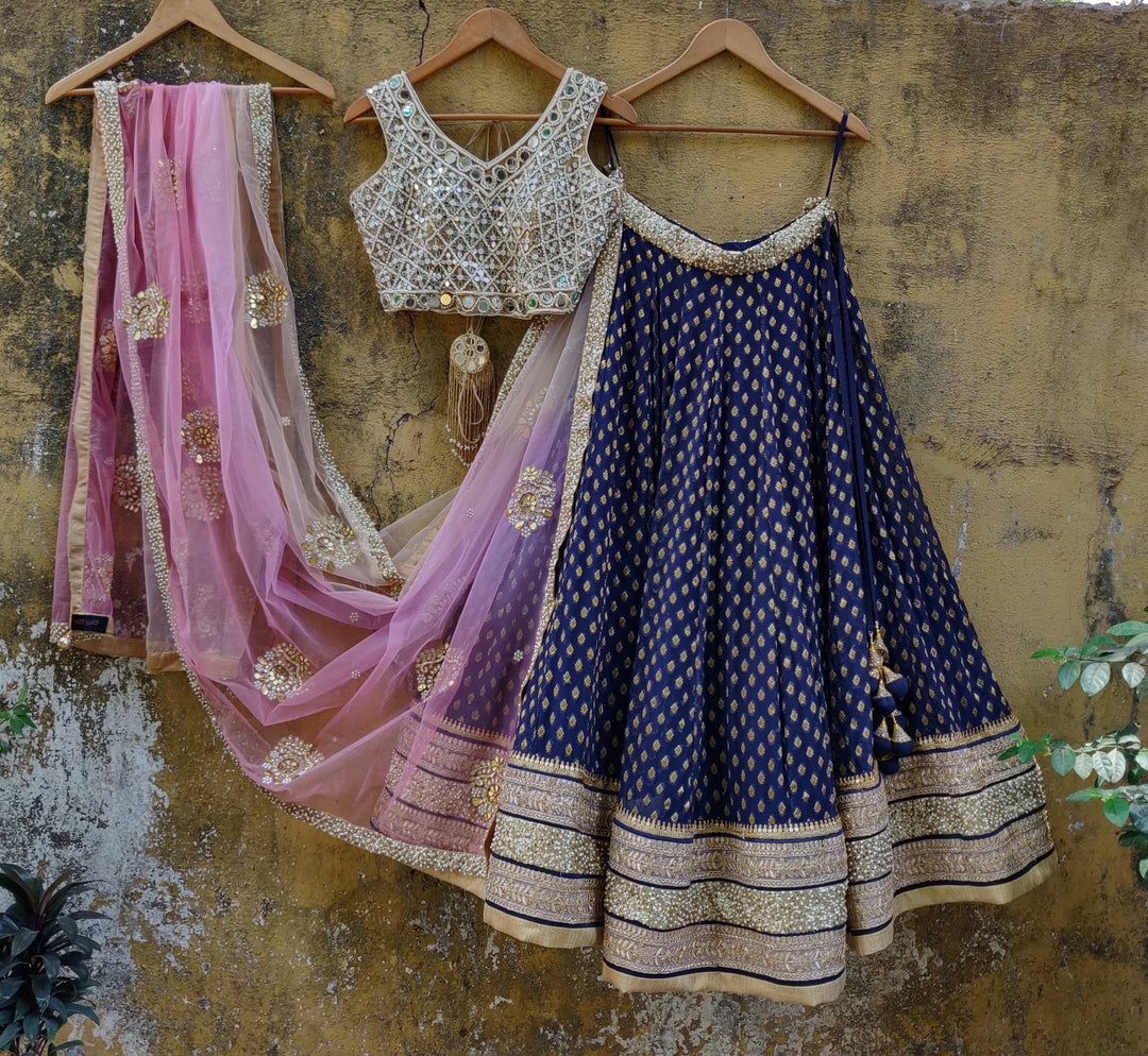 Royal Blue Lehenga Set with Mirror work Blouse and Peach Pink Ombre Dupatta Priti Sahni - Fabilicious Fashion