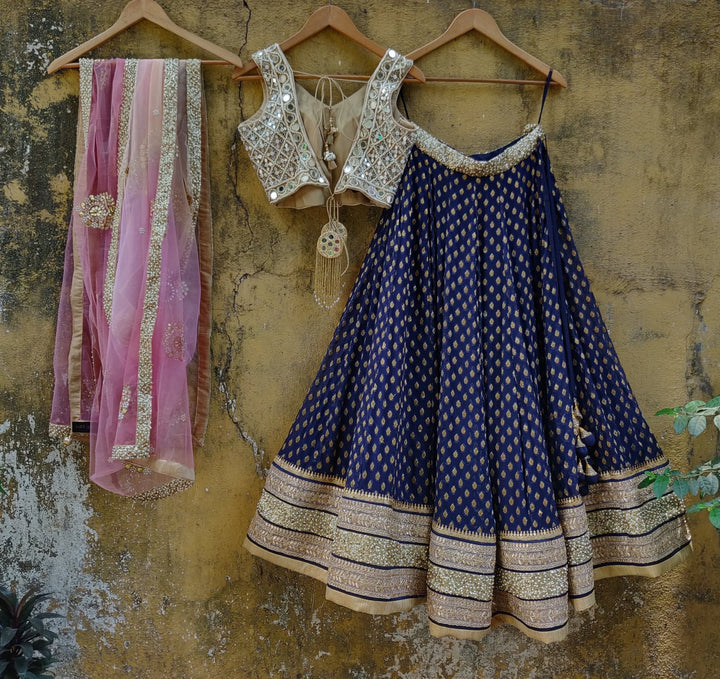 Royal Blue Lehenga Set with Mirror work Blouse and Peach Pink Ombre Dupatta Priti Sahni - Fabilicious Fashion
