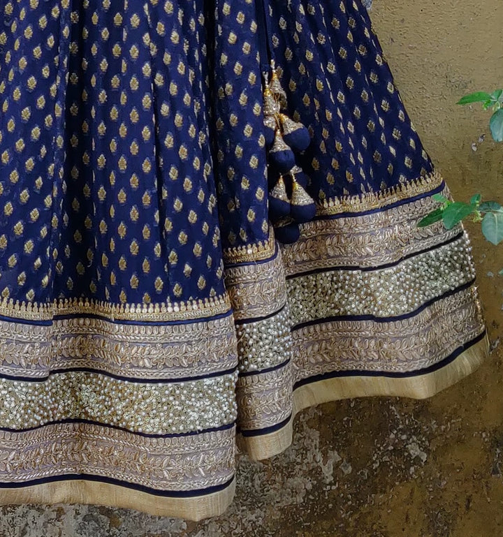 Royal Blue Lehenga Set with Mirror work Blouse and Peach Pink Ombre Dupatta Priti Sahni - Fabilicious Fashion
