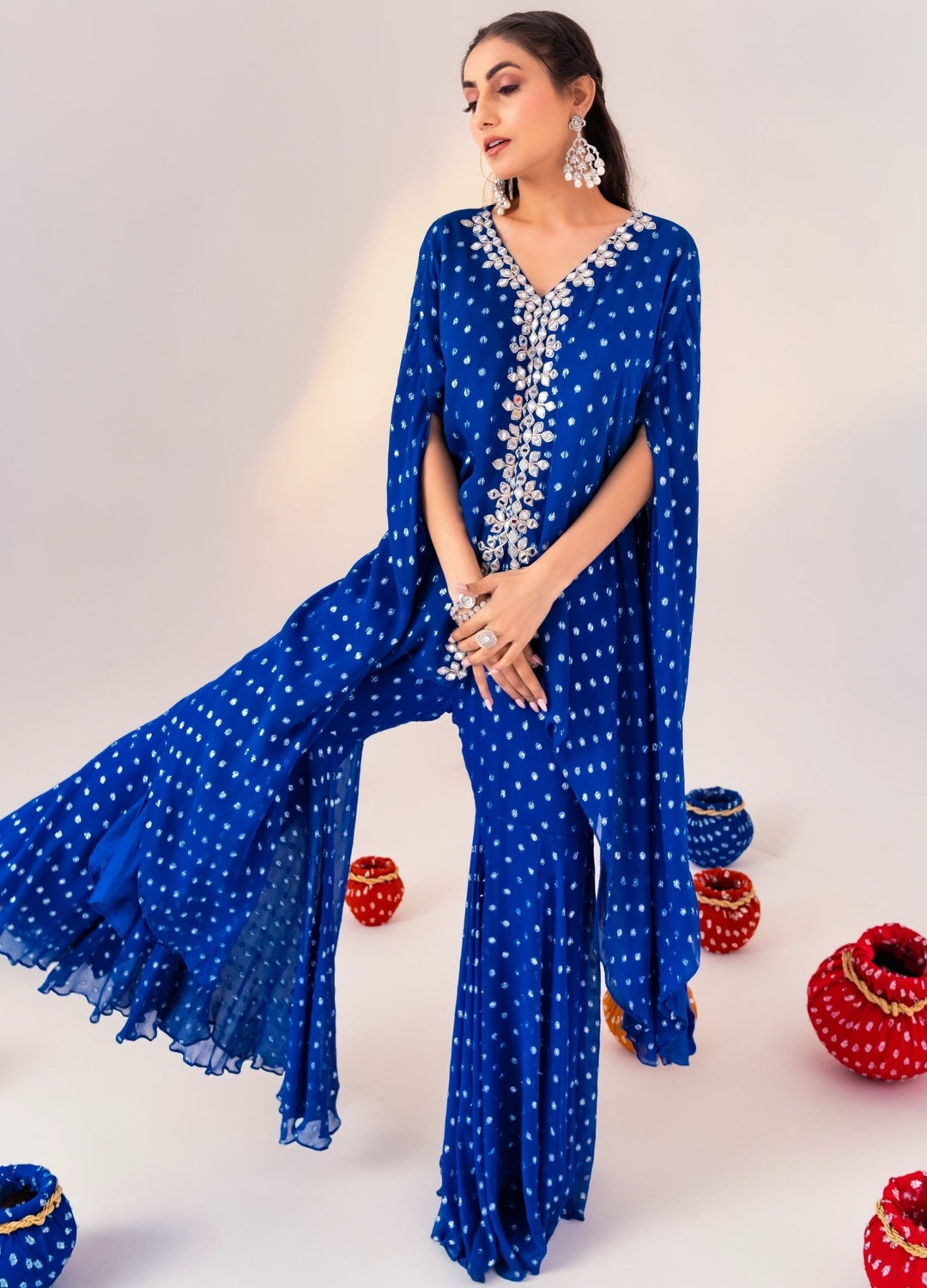 Royal Blue Printed Georgette Kaftan Set With Gharara Silky Bindra - Fabilicious Fashion