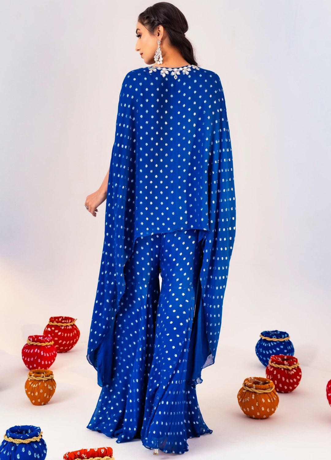 Royal Blue Printed Georgette Kaftan Set With Gharara Silky Bindra - Fabilicious Fashion